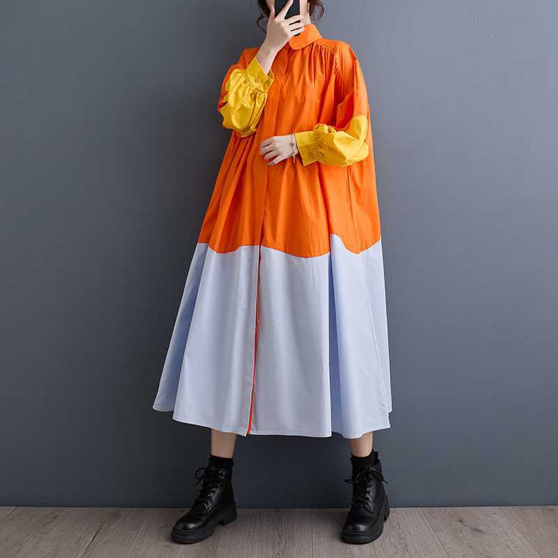 ワンピースドレス長袖ロングマキシ丈ワンピ大きいサイズ ワンピース 15 レディース 体型カバー メガ割 2024秋新品 ロングドレス ドッキング シャツワンピース