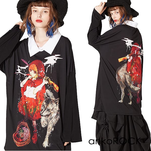 ankoROCK アンコロック レディース カットソー オーバーサイズ メンズ ビッグTシャツ ビッグシルエット ロンT ロングTシャツ 赤ずきん 「art7411」