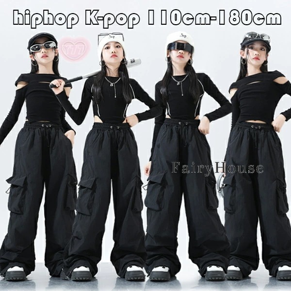 2026新型 タイムセール キッズダンス 女の子 セットアップ 黒 ストリートダンスウェア ドラムショー 公演服 チアガール 運動会応援団練習着 子供ダンス 長袖 Tシャツ 長ズボン カーゴパンツ