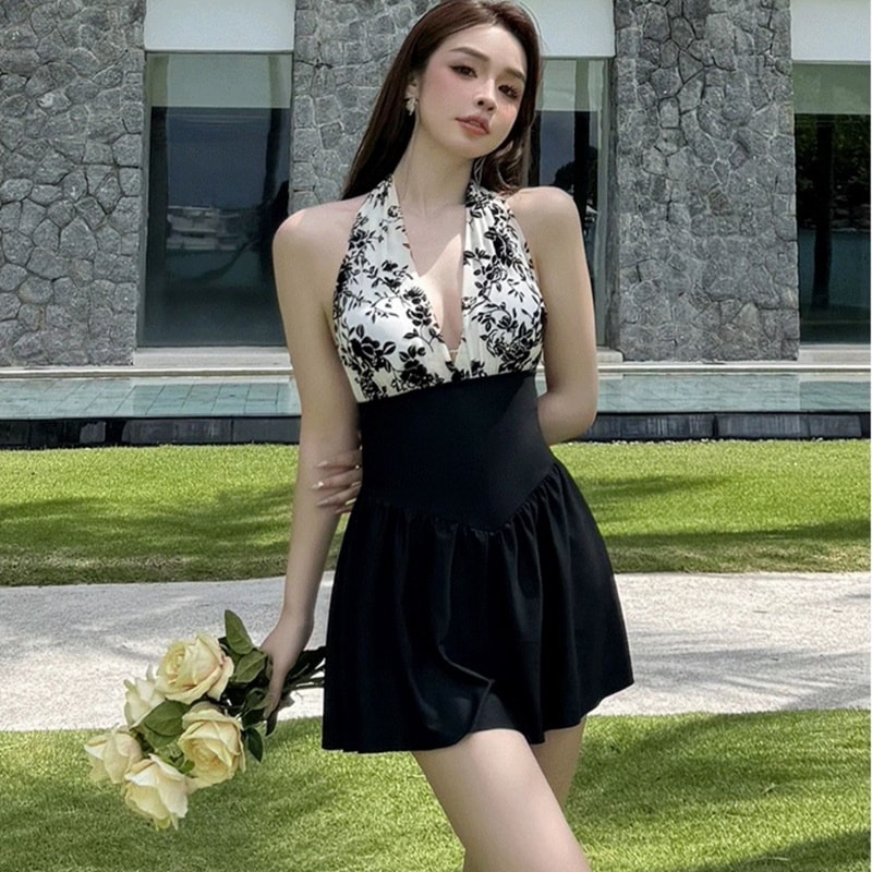 ワンピース水着 セクシー スカート ホルターネック スリム バイカラー 花柄 水着 スイムウェア レディース かわいい 大人可愛い きれいめ ナチュラル ゴージャス 華やか 大人っぽい おしゃれ