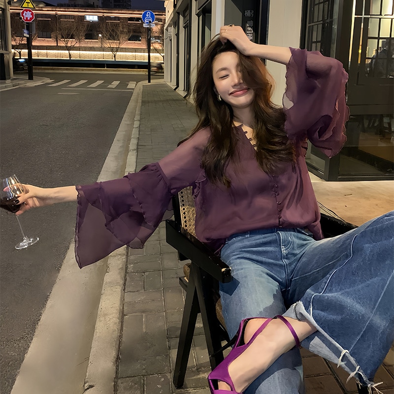 長いxierライトラグジュアリー高級ハイエンドシフォンシャツ春と夏のルーズロータスリーフエッジピュアフレアスリーブシャツトップ