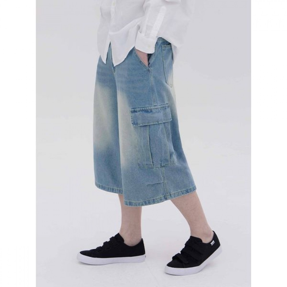 [ジャンマニア] ユニセックスワイドルーズフィットバミューダカーゴ 7パートライトブルージーンズデニムパンツ