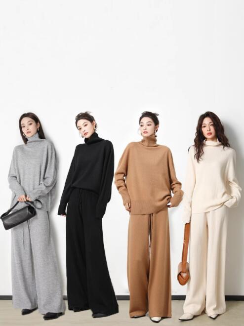 ニットセットアップ レディース パンツスーツ 2点セット 秋冬 ニットトップス ワイドパンツ ハイネック 長袖 ロング ニットパンツ 体型カバー 着痩せ ボトムス 無地 シンプル おしゃれ きれいめ