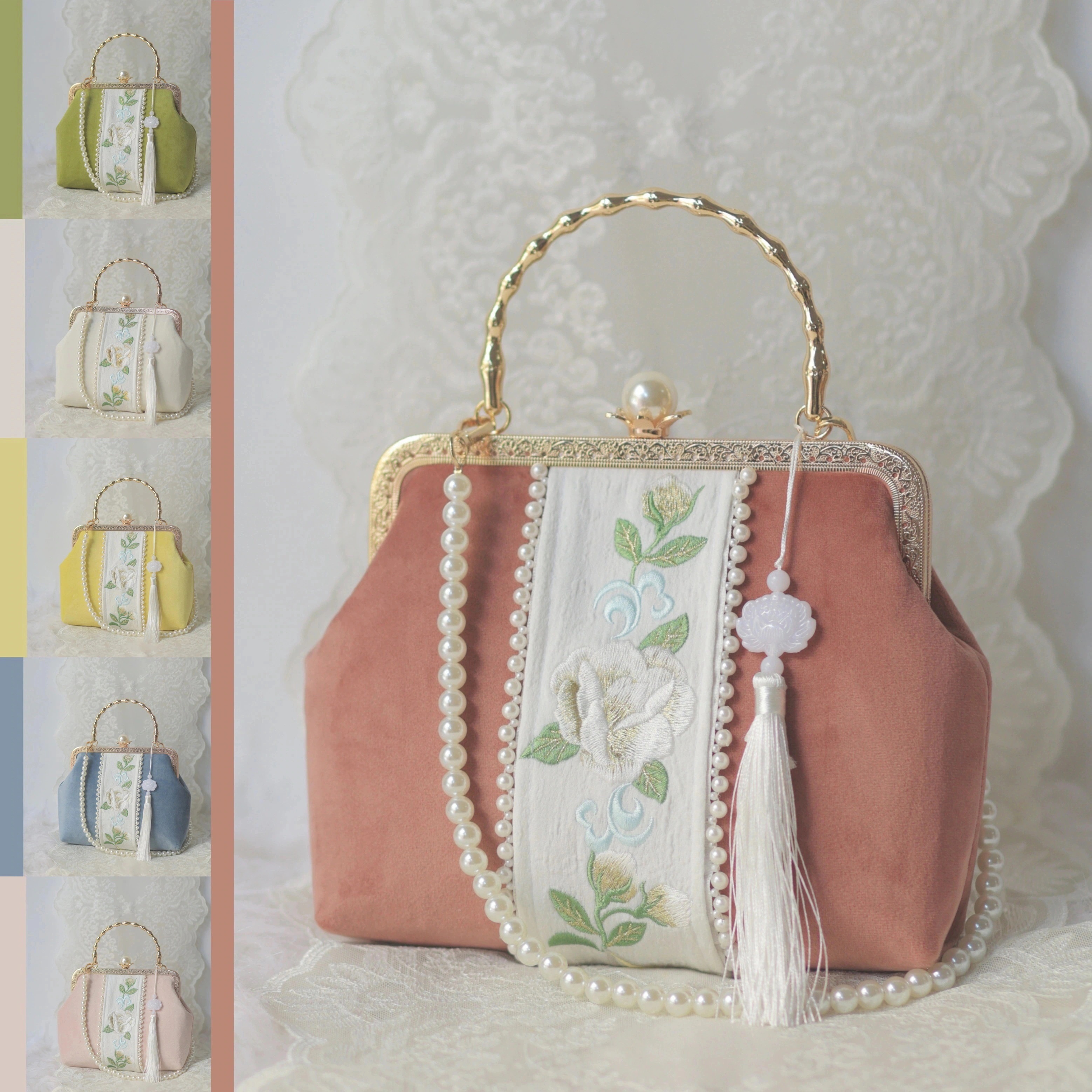 風刺繍牡丹花古風漢服バッグオールマッチチャイナドレスワンショルダーハンドバッグ真珠口金バッグハンドバッグ パール口 ゴールドバッグ 母の日