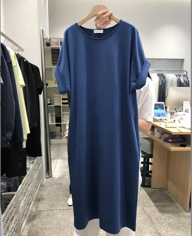 の新作半袖Tシャツ女性ゆったりミディアム丈膝丈だるさ風コットンワンピース