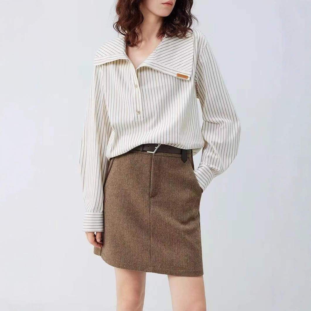 【送.料.無.料.急速発送】カレー色ストライプの肌理感変則開襟シャツ2025秋のデザイン感シャツ