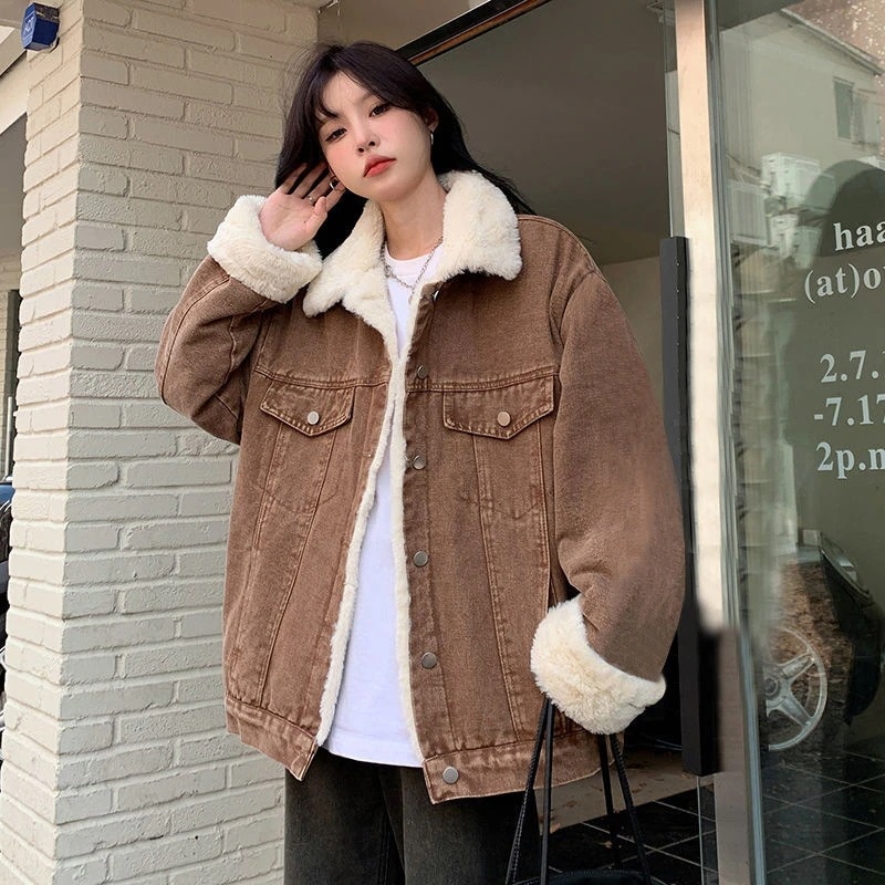 フリート肥厚デニムコットンコート女性用24イミテーションラビットファー学生ルーズ万能デニムジャケットコットンコート