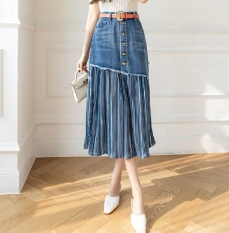 デニム×ストライプ柄切替えロングスカート ボトム ロング丈 デニム 綿 ストライプ柄 爽やか 大人スタイル 大人可愛い きれいめ シンプル カジュアル 大人 上品 おしゃれ かっこいい レトロ