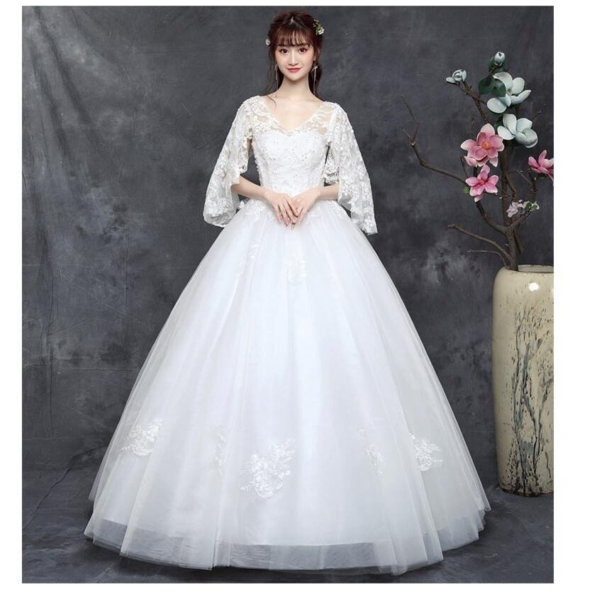 ウエディングドレス 袖あり レース プリンセスドレス ロングドレス パーティードレス ステージ衣装