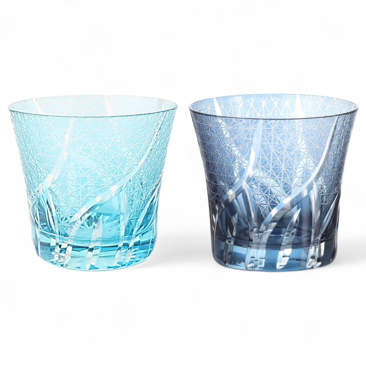 J-kitchens 水影 切子 ペア グラス カップ Φ94xH85mm 240cc 乱彫小紋 アクア & インクブルー 美匠 Current Model