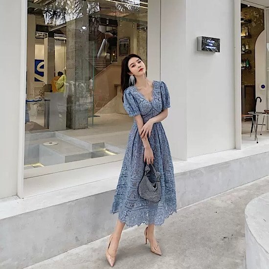 【取寄：納期2週間】結婚式ドレス 総レース ミモレ丈 深Vネック レトロ ハイウエスト 発表会 演奏会 レディース 結婚式 ステージ衣装 半袖 エレガント ウエディングドレス カラードレス