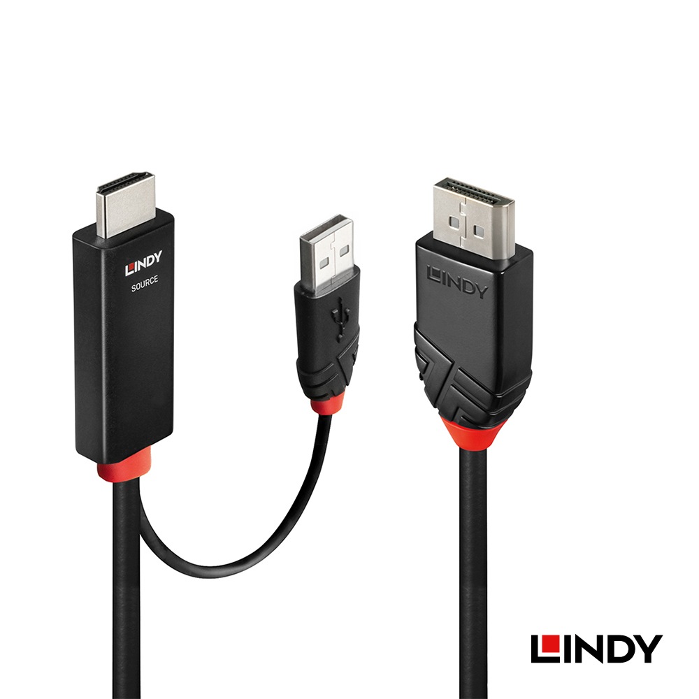 【41499】 LINDY 2m HDMI 2.0 to DisplayPort 1.2 アクティブ変換ケーブル USB 電源付き