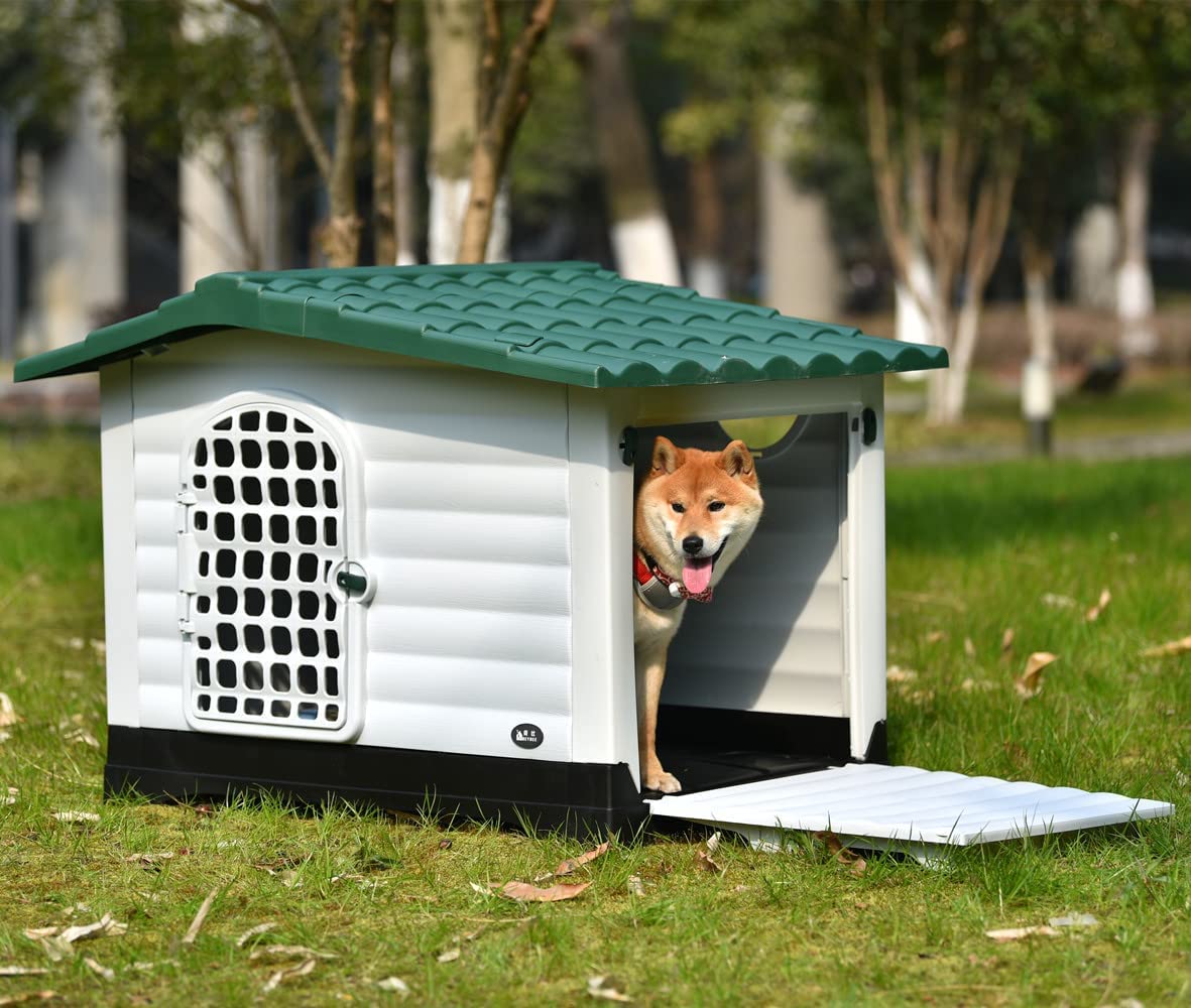 犬舎 室外 犬小屋 屋外用 中型犬用 大型犬用 ドア付き プラスチック製 ペットハウス オールシーズン 通気 日焼け対策 雨除け 水洗い 裏庭 室内 さびない 頑丈 (XL)