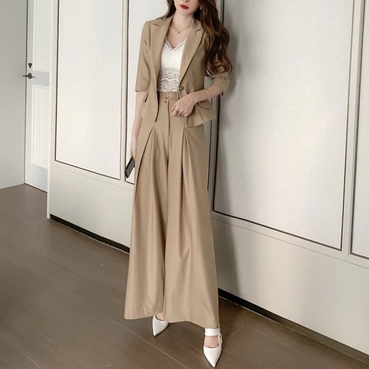 セットアップ ジャケット 上着 スーツ ワイドパンツ ショート丈 レトロ マニッシュ ベルト ワンタック 袖あり 長袖 上下セット 2点セット ツーピース 大人可愛い きれいめ シンプル lsu012