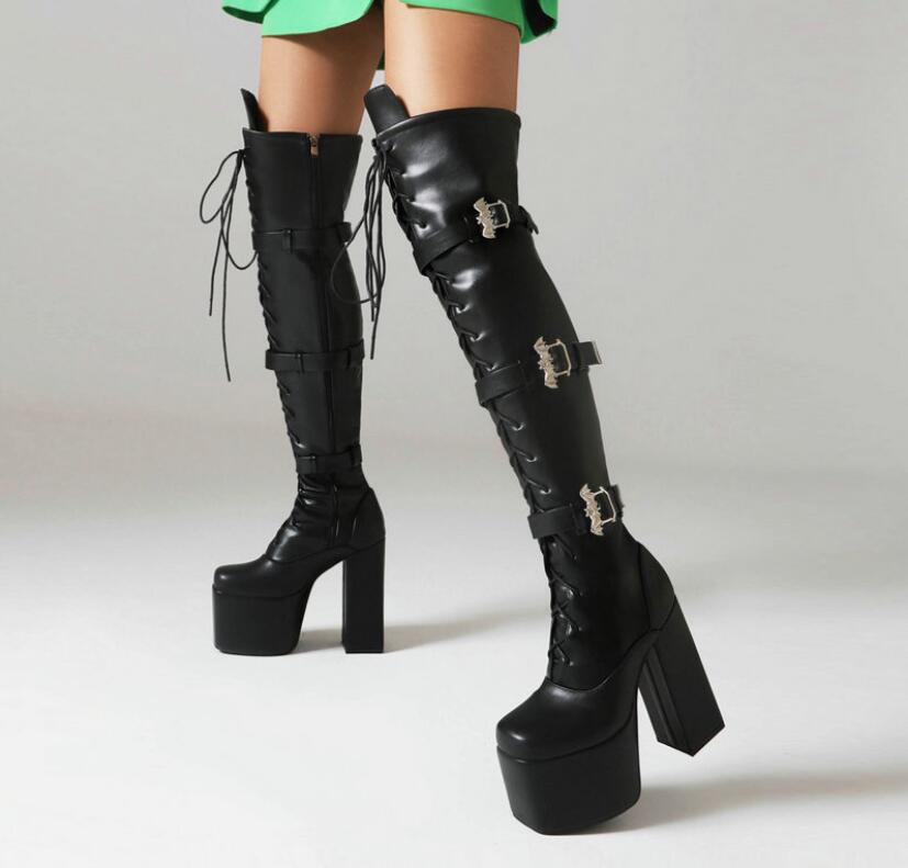 ロングブーツ ニーハイブーツ　ブーツ ストレッチ 厚底ブーツ 美脚　レディース ニーハイブーツ 編み上げ　レースアップ 厚底ブーツ 黒 ブラック BLACK 大きいサイズあり 無地 細見せ 防寒 お