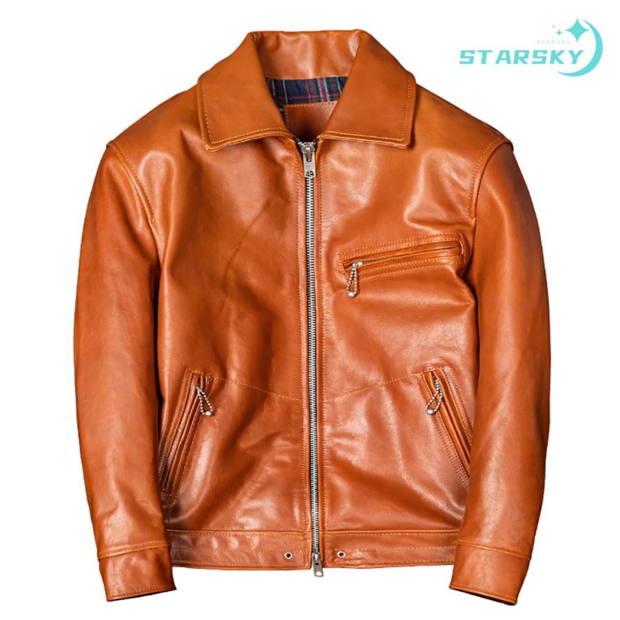 本革ジャケットフライトジャケット レザージャケット　オレンジ色 馬革 革ジャン 本革 レザーコート メンズ ラペル 高品質