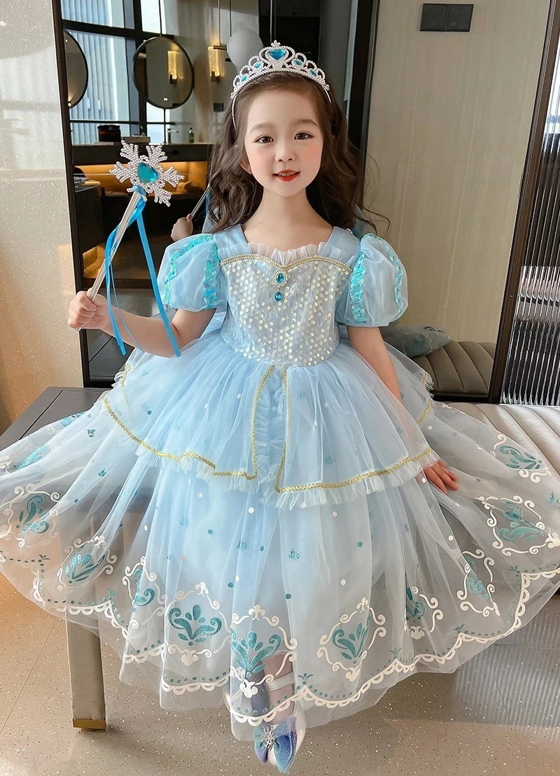 【74】超低.価.格!キッズドレス プリンセス 青 子供 キッズ ワンピース ロングドレス 仮装 コスプレお姫様 誕 パーティードレス なりきり お遊戯会 衣装 ブルー 清楚 上品100 110 1