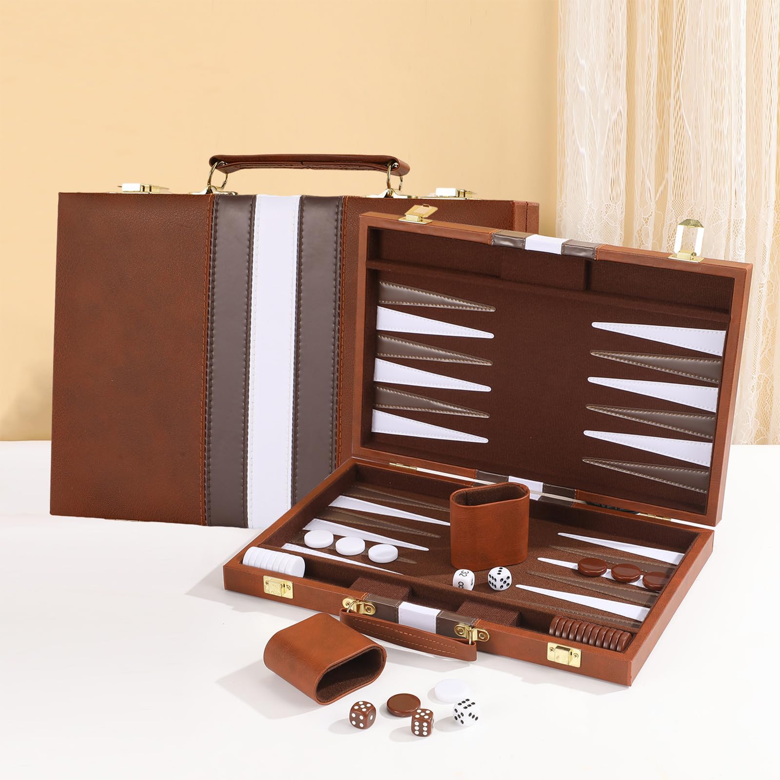 バックギャモンセット 2人用クラシックボードゲーム 15インチ 双陆棋ボードゲーム 大人と子供向け 戦略ゲーム プレミアムレザーケース付き
