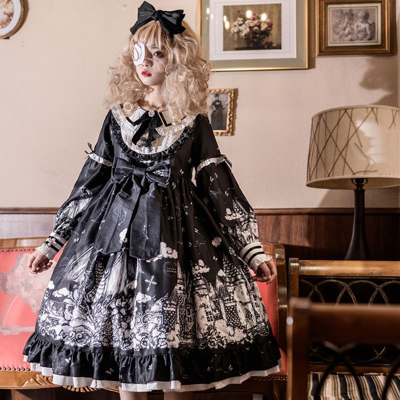 ロリータ オリジナルデザイン 古城の夜ゴシックダーク系長袖opワンピース