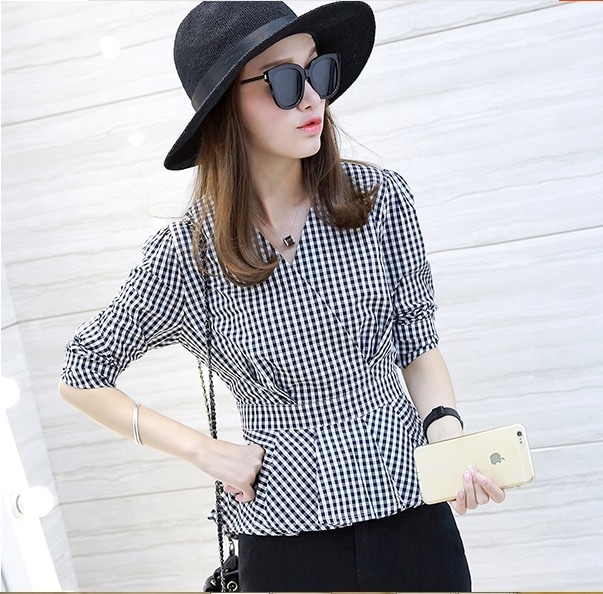 2335.ギンガムチェックバックボタンデザインぺプラムトップス(ブラック) 2019 春夏 新作 大人 かわいい カジュアル OL 20代 30代 デート服 女子会