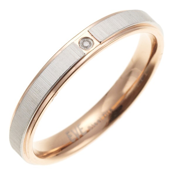 サージカルステンレス平打ちのリング 細かい加工のプレート 一粒天然ダイヤモンド レディース ローズゴールド 単品