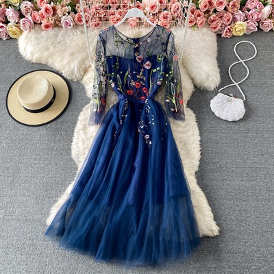 ワンピース レディース フレアワンピース Aラインワンピース マキシ丈 長袖 柄 花柄 小花柄