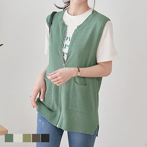 ジップアップベスト 韓国ファッション ベーシックなデザイン/フロントポケット付き C041908