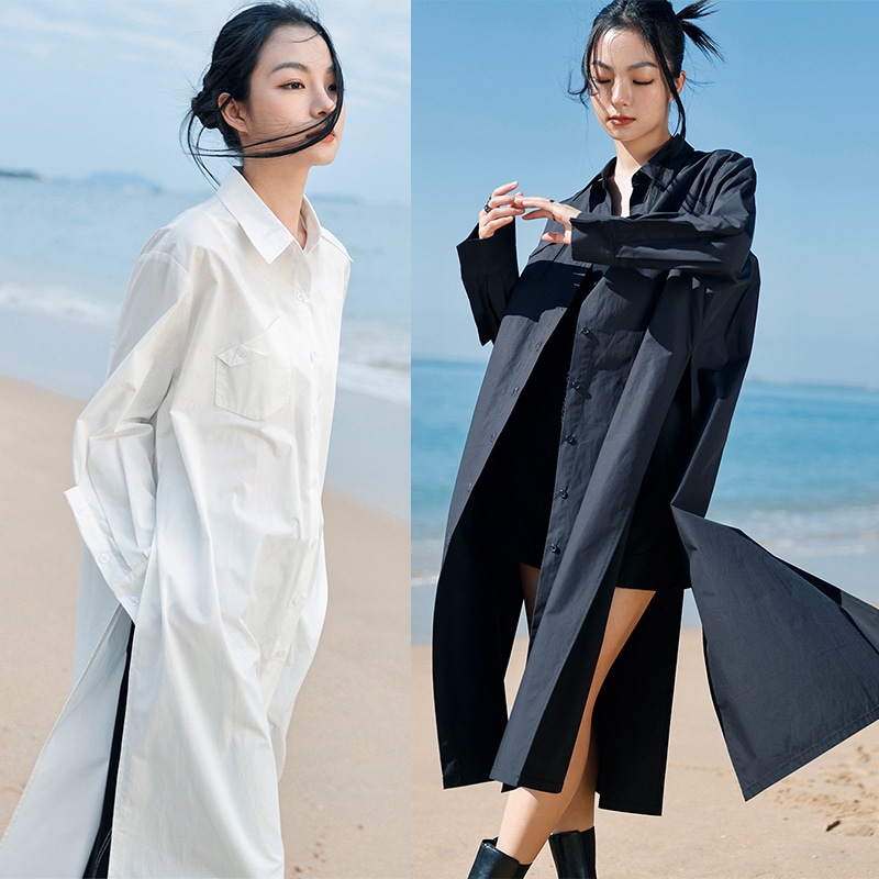 ロングシャツ 長袖 無地 黒 白 綿100シャツ オーバーサイズトップス スリット 個性的 高見え