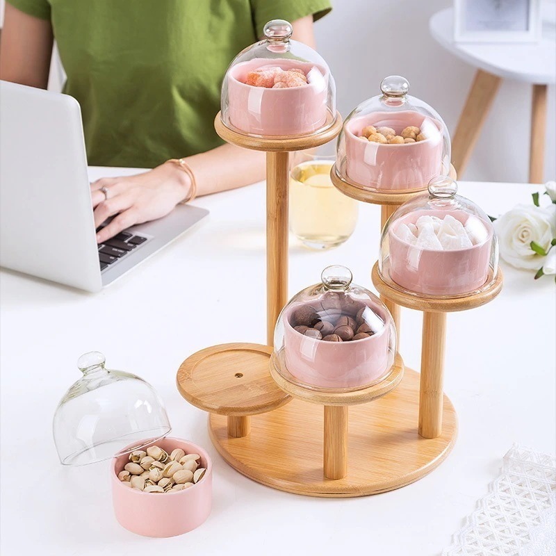 セラミックブレッドボウルホテルブシャラアイスクリームボウル回転多層竹スタンド付きデザートプレート安い