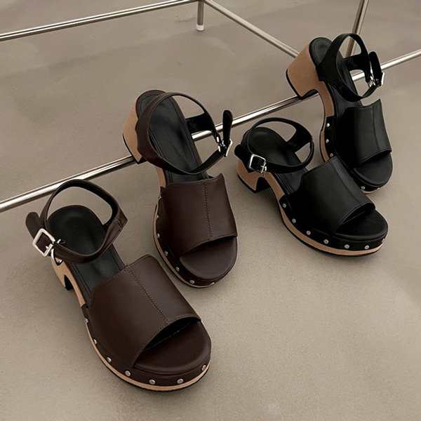 サンダル 厚底 アンクルストラップ スタッズ ストーム レディース チャンキーヒール 黒 茶色