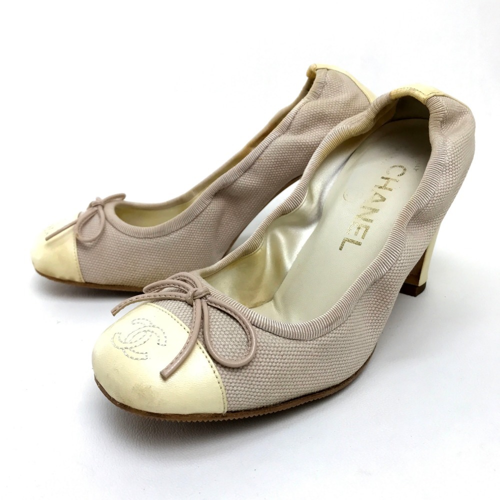 パンプス リボン CC ココマーク ハイヒール チャンキーヒール キャンバス ピンクベージュ