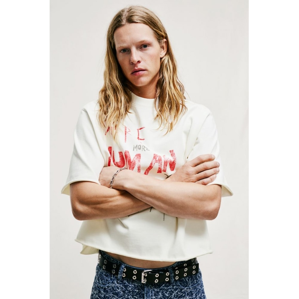 H&M クロップド T シャツオーバーサイズフィットクリーム/モアヒューマン