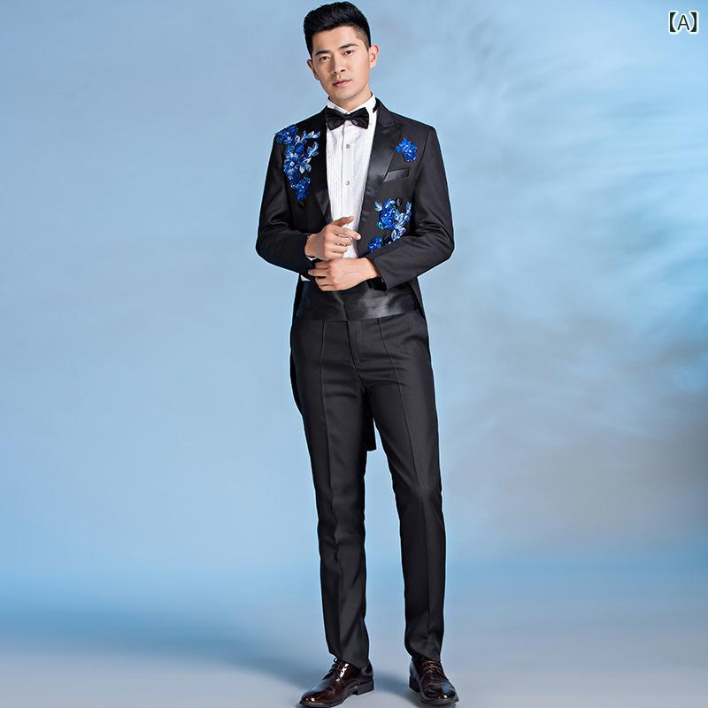 メンズ スーツ セット ナイトクラブ ステージ 衣装 ホスト パフォーマンス ミドル丈 タキシード 刺繍 グリッター