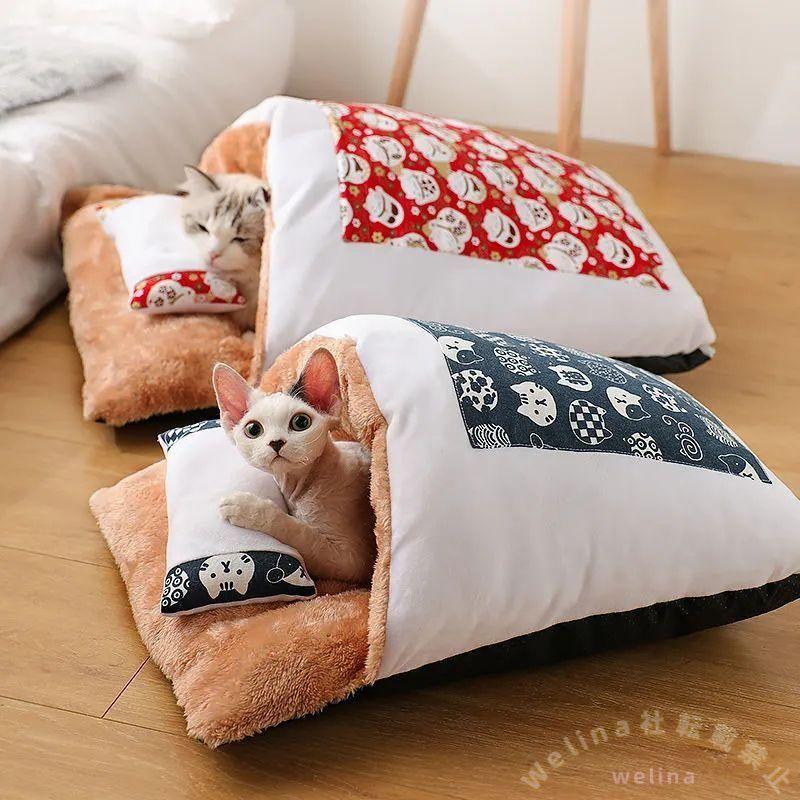猫用寝袋ベッド 枕付き トンネル布団 クッション 大きめで可愛い あったか 猫ベッド/犬にも 筒型で包まれる安心感