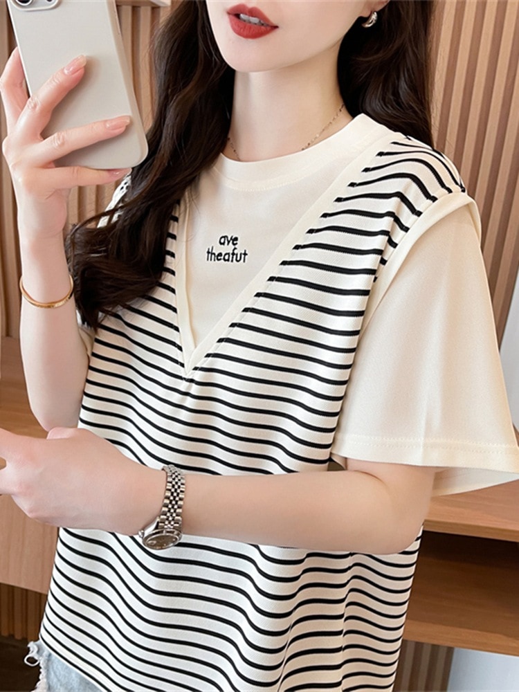 【1点ご購入 で10点プレゼントいたします】半袖Tシャツ女2025ゆったり小柄ストライプ刺繍トップス