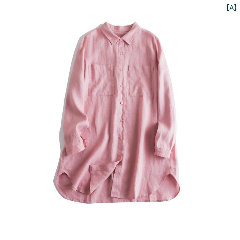 レディース　　シャツ　トップス リネンの 長袖 シャツ 文学的な 大きい パッチポケットの ボーイフレンド ミドル 丈 トップス コットンと 薄手 ジャケット