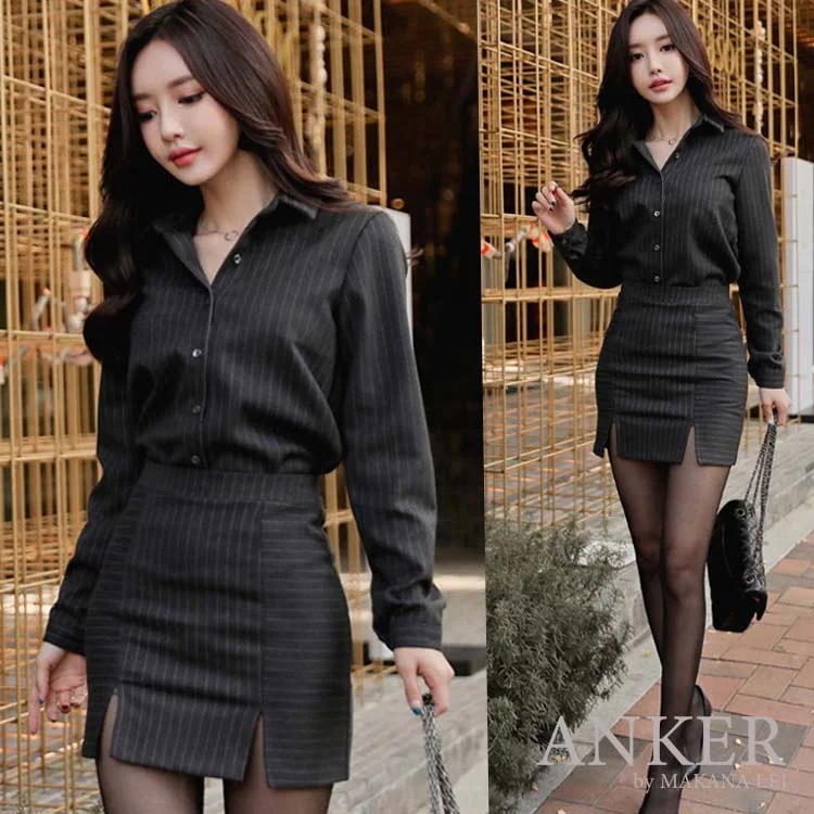 【新作】レディース ワンピース ミニ ストライプ シャツ タイト スカート セット スーツ セットアップ 長袖 ミニ丈 きれいめ 上品 通勤 お呼ばれ パーティ【宅急便コンパクトで】 秋 冬