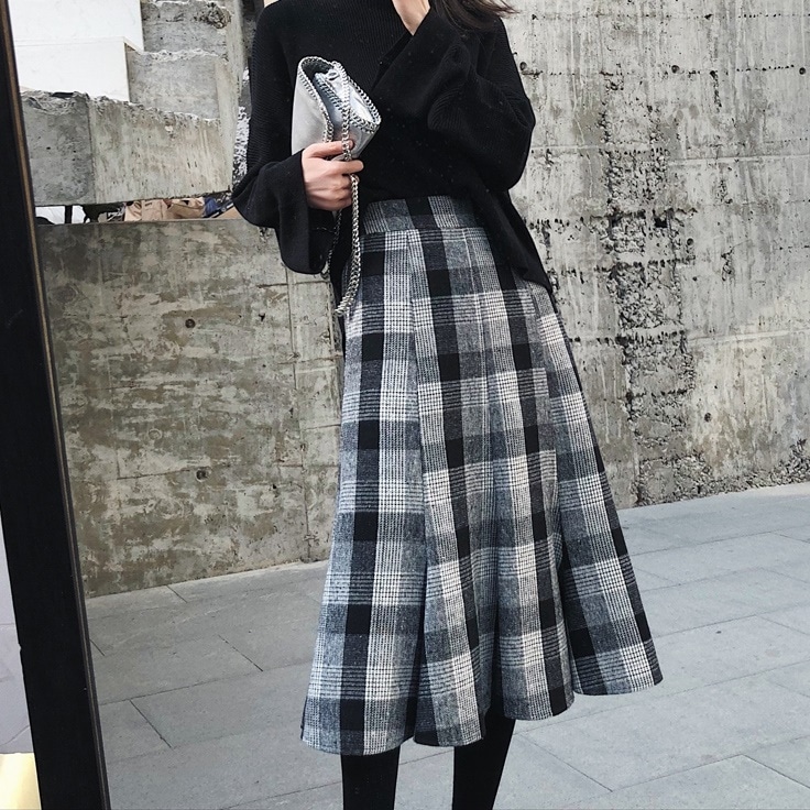 チェック柄ミモレ丈スカート ロング ミモレ丈 秋 冬 トーンオントーン タータンチェック フレア サーキュラースカート 可愛い 通勤 上品 デート お出かけ 女子会 韓国 韓国ファッション オルチャン