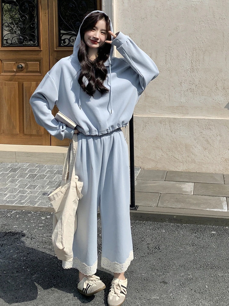 【急速出荷!】韓国 セットアップ カジュアル スポーツ ブルー スウェットセット ズボン 女性 2セット