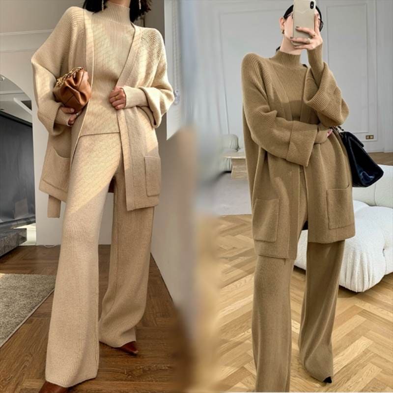 トップス ボトムス セットアップ ニットソー プルオーバー カーディガン パンツ ワイド ハイネック 長袖 ウエストマーク ポケット リブニット スリーピース 個性的 S M L XL アプリコット
