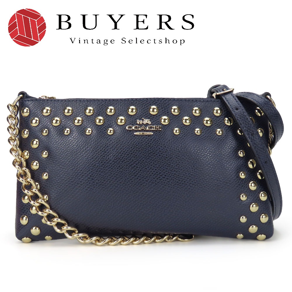中古 ショルダーバッグ F53140 スタッズ レザー ネイビー ゴールド金具 チェーン 斜め掛け ポシェット レディース 女性