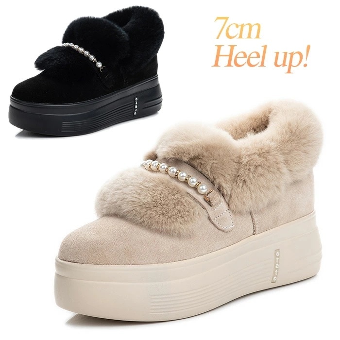 フラットシューズ レディース フェイクファー もこもこ パール 本革 スエード 厚底 防寒 内ファー 7cmヒールアップ シークレットシューズ