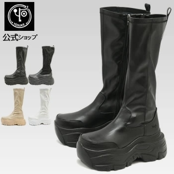 【公式SHOP特典キズ補修液付】 ヨースケ 厚底ブーツ レディース ストレッチブーツ ロングブーツ 9cm 厚底フラット スニーカーブーツ 8,301円