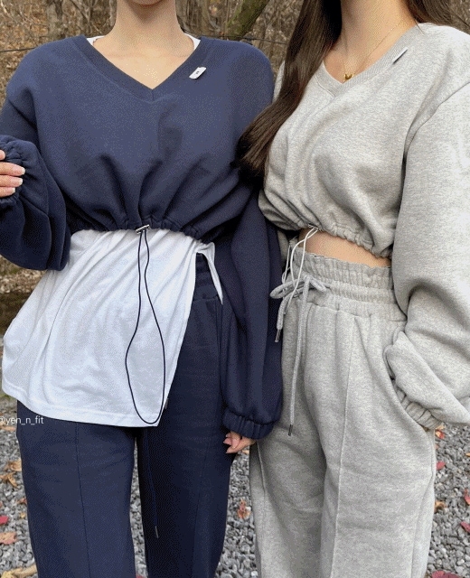 起毛 ルーズフィット ストリング クロップ Vネック トレーナー Tシャツ ジョガーパンツ トレーニング セット 2color