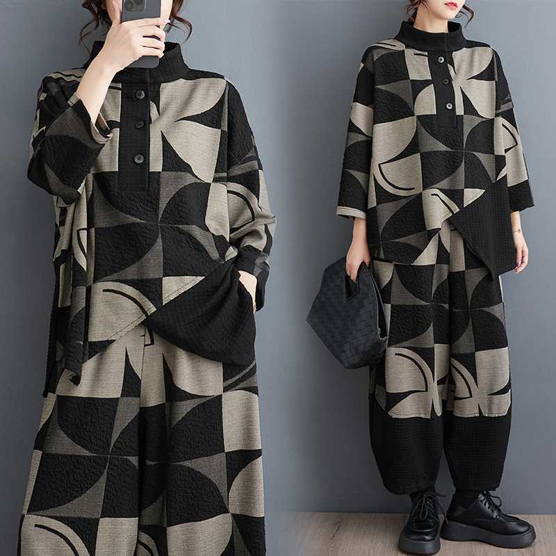 大きいサイズ ドッキング セットアップ 「ファットガール」 体型カバー セットアップ 2024春新品 柄 レトロ 上下セット ワイドパンツ レディース