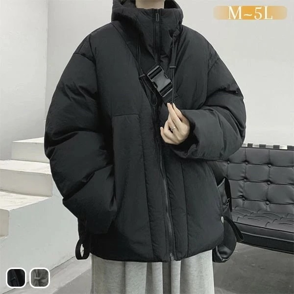 ダウンコート ダウンジャケット メンズ アウター 冬 ジャケット ショート丈 ハイネック オーバーサイズ ゆったり フードなし ポケット付き 体型カバー 冬服 きれいめ 防風 防寒 防寒服 暖かい 黒