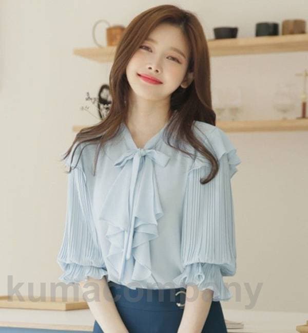ボウタイ リボン ブラウス フリル レディース トップス 半袖 五分袖 フリルブラウス 春夏 プリーツ袖 肩フリル 通勤服 オフィス 大きいサイズ 春 夏 上品 バルーンスリーブ ビジネス スーツ イ