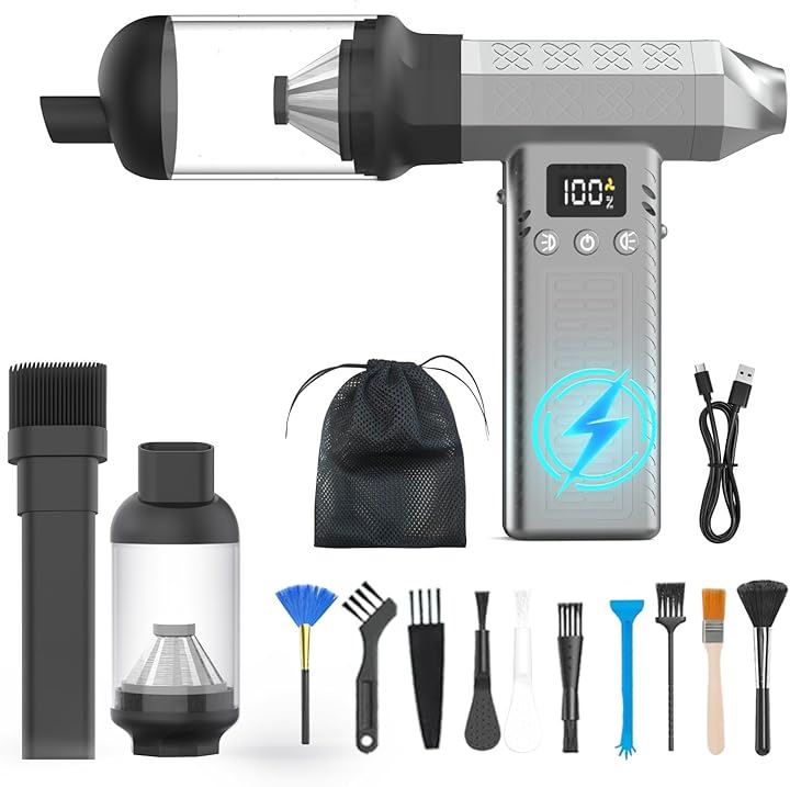 1台2役 電動エアダスター＆ミニ掃除機 220000PRM 充電式 コードレス 3段風量調整 8000mAh 150分連続使用可能 超軽量 13000Pa 多用途(シルバー, M)