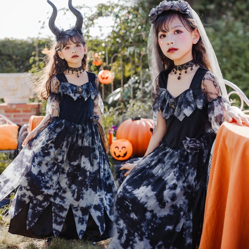 ハロウィン子供用コスチューム ゴースト花嫁ドレス 女性魔女ロングスカート ステージ子供服 ゴシックエルフ パフォーマンスコスチューム