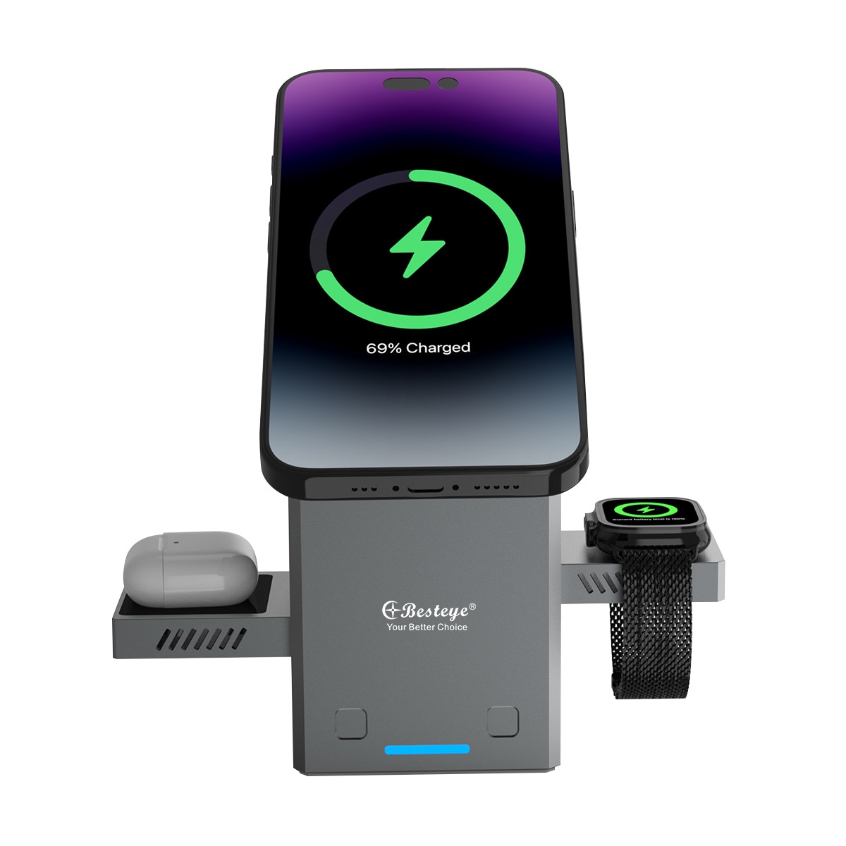 ワイヤレス充電器 3in1 タッチ自動開閉式 Magsafe対応アルミ製 5/7.5/15W 置くだけ充電 iPhone用 iPhone/1716/15/14/13/12シリーズ対応